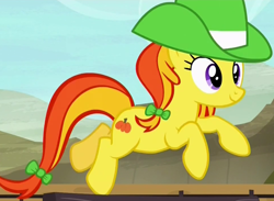 Size: 966x707 | Tagged: safe, imported from derpibooru, screencap, earth pony, pony, appleoosa's most wanted, background pony, bow, cowboy hat, cropped, female, hair bow, hat, leaping, mare, pumpkin soup, solo, tail bow, unnamed pony
