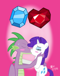 Size: 1100x1400 | Tagged: safe, artist:jazzytyfighter, imported from derpibooru, rarity, spike, dragon, pony, unicorn, blushing, crying, duo, female, fire ruby, gem, kiss on the lips, kissing, male, mare, older, older spike, shipping, sparity, straight