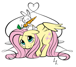 Size: 600x527 | Tagged: safe, artist:luckylines, imported from derpibooru, angel bunny, fluttershy, pegasus, pony, carrot, duo, eyes closed, food, heart, lines, looking up, raised hoof, simple background, sitting, sitting on head, transparent background