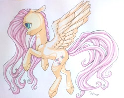 Size: 604x475 | Tagged: safe, artist:pellsya, imported from derpibooru, fluttershy, female, floating, floppy ears, looking away, profile, simple background, solo, spread wings, traditional art, white background