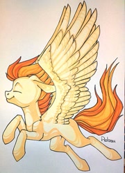 Size: 435x604 | Tagged: safe, artist:pellsya, imported from derpibooru, spitfire, eyes closed, female, flying, missing cutie mark, solo, traditional art