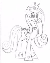 Size: 3003x3773 | Tagged: safe, artist:drawponies, imported from derpibooru, princess cadance, female, monochrome, raised hoof, sketch, smiling, solo, traditional art