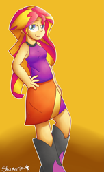 Size: 2975x4900 | Tagged: safe, artist:8-bit-adam, imported from derpibooru, sunset shimmer, equestria girls, absurd resolution, boots, clothes, female, lidded eyes, skirt, smiling, solo