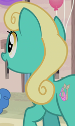 Size: 548x920 | Tagged: safe, imported from derpibooru, screencap, honey curls, mare e. lynn, party favor, earth pony, pony, the cutie map, alternate hairstyle, background pony, cropped, female, mare, our town, solo focus