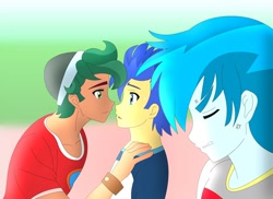 Size: 1600x1163 | Tagged: safe, artist:supermaxx92, imported from derpibooru, flash sentry, thunderbass, timber spruce, equestria girls, couple, cross-popping veins, flash sentry gets all the stallions, gay, jealous, love, love triangle, male, rockers, romantic, shipping, thunderflash, timberflash