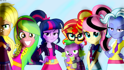 Size: 1280x720 | Tagged: safe, artist:elementalalchemist03, artist:sunsetshimmer1987, imported from derpibooru, applejack, fluttershy, lemon zest, sci-twi, spike, spike the regular dog, sugarcoat, sunset shimmer, twilight sparkle, dog, equestria girls, friendship games, alternate universe