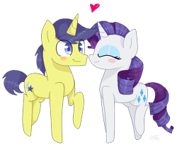 Size: 750x623 | Tagged: dead source, safe, artist:ultrard, imported from derpibooru, comet tail, rarity, pony, blush sticker, blushing, colored pupils, cometity, duo, eyes closed, female, heart, male, raised hoof, raised leg, shipping, simple background, smiling, straight, transparent background