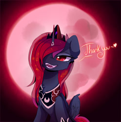 Size: 1280x1288 | Tagged: dead source, safe, artist:magnaluna, imported from derpibooru, princess luna, alicorn, pony, blood moon, blood moon luna, dialogue, fangs, female, mare, modified accessory, open mouth, sitting, smiling, solo, thank you