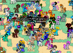 Size: 859x625 | Tagged: safe, imported from derpibooru, sunset shimmer, trixie, oc, oc:caki, pony, pony town, dialogue, group photo, ocs everywhere