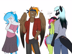 Size: 2666x2000 | Tagged: safe, artist:askbubblelee, imported from derpibooru, oc, oc only, oc:bubble lee, oc:imago, oc:mako, oc:margarite mix, oc:singe, anthro, earth pony, hybrid, orca pony, original species, pegasus, unicorn, anthro oc