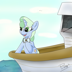 Size: 1500x1500 | Tagged: safe, artist:plinko, imported from derpibooru, oc, oc only, oc:sweetwater, pony, unicorn, boat, female, filly, goggles, ocean, travel