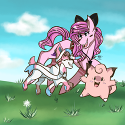 Size: 1000x1000 | Tagged: safe, artist:wulfponestuff, imported from derpibooru, oc, clefairy, sylveon, birthday gift, crossover, pink, poké ball, pokéball, pokémon