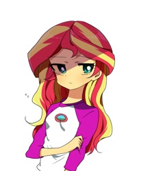 Size: 1007x1224 | Tagged: safe, artist:lotte, imported from derpibooru, sunset shimmer, equestria girls, legend of everfree, clothes, female, looking at you, pensive, shirt, simple background, solo, top, unamused, white background