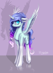 Size: 2281x3100 | Tagged: safe, artist:wingsterwin, imported from derpibooru, oc, oc only, oc:wingy, alicorn, pony, blue eyes, braid, digital art, female, pigtails, solo, spread wings, standing