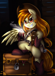 Size: 2550x3509 | Tagged: safe, artist:pridark, imported from derpibooru, oc, oc only, oc:solar spark, pegasus, pony, belt, clothes, commission, gun, hat, padlock, pirate, solo, treasure chest, weapon