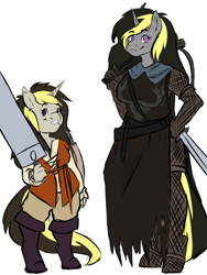 Size: 768x1024 | Tagged: safe, artist:rokkocoms, imported from derpibooru, oc, oc only, oc:mitternacht von kloudette, anthro, unguligrade anthro, unicorn, crossbow, dark souls, giantess, macro, medieval, siblings, sisters, size difference, sword, weapon