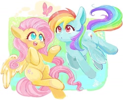 Size: 1044x850 | Tagged: safe, artist:sibashen, imported from derpibooru, fluttershy, rainbow dash, butterfly, colored pupils, cute, dashabetes, duo, shyabetes