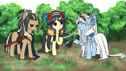 Size: 1920x1080 | Tagged: artist needed, safe, artist:nikuball, imported from derpibooru, alicorn, earth pony, pony, unicorn, clothes, dan fei, lin xue ya, pipe, ponified, shang bu huan, thunderbolt fantasy