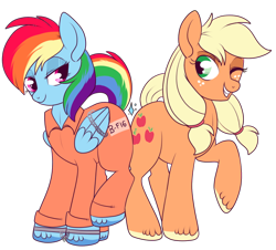 Size: 748x676 | Tagged: safe, artist:lulubell, imported from derpibooru, applejack, rainbow dash, earth pony, pegasus, pony, appledash, b-f16, bound wings, butt bump, butt to butt, butt touch, clothes, cuffs, duo, female, lesbian, mare, prison outfit, prisoner, prisoner rd, shackles, shipping, simple background, transparent background