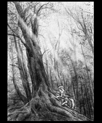 Size: 800x962 | Tagged: safe, artist:hewison, imported from derpibooru, fluttershy, climbing, crepuscular rays, female, forest, grayscale, looking up, monochrome, solo, traditional art