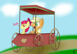 Size: 1000x700 | Tagged: safe, artist:coolpup126, imported from derpibooru, apple bloom, applejack, the cart before the ponies, applewood derby, bruh, open mouth, sisters