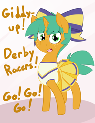 Size: 1280x1646 | Tagged: safe, artist:kryptchild, imported from derpibooru, snails, ask glitter shell, the cart before the ponies, applewood derby, ask, cheerleader, clothes, crossdressing, glitter shell, hair bow, midriff, pleated skirt, skirt, solo, tumblr