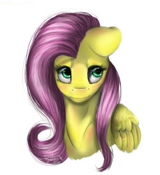 Size: 938x1024 | Tagged: source needed, safe, artist:rainy r, imported from derpibooru, fluttershy, blushing, bust, cute, female, floppy ears, folded wings, looking away, portrait, shyabetes, simple background, solo, white background