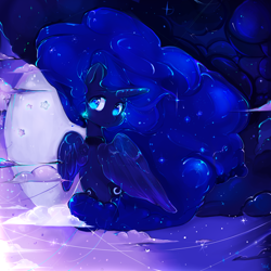 Size: 1280x1280 | Tagged: safe, artist:wallywind, imported from derpibooru, princess luna, both cutie marks, female, looking back, moon, sitting, solo, spread wings