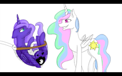 Size: 1440x900 | Tagged: safe, artist:emptyblackdeath, imported from derpibooru, princess celestia, princess luna, butterfly net, floppy ears, grin, luna is not amused, pun, royal sisters, simple background, smiling, unamused