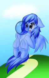 Size: 1200x1920 | Tagged: safe, artist:icy wings, imported from derpibooru, oc, oc only, oc:frost soar, ball, flying, solo, underhoof