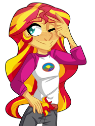 Size: 1024x1365 | Tagged: dead source, safe, artist:confusedkat, imported from derpibooru, sunset shimmer, equestria girls, legend of everfree, female, freckles, one eye closed, peppered bacon, simple background, solo, wink