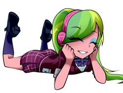 Size: 1320x1000 | Tagged: safe, artist:nekojackun, imported from derpibooru, lemon zest, equestria girls, friendship games, clothes, crystal prep academy, crystal prep academy uniform, crystal prep shadowbolts, cute, eyes closed, female, happy, headphones, high heels, listening, music, necktie, pleated skirt, prone, school uniform, shoes, simple background, skirt, smiling, socks, solo, white background