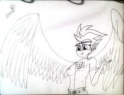 Size: 1857x1423 | Tagged: safe, artist:marewile, imported from derpibooru, spitfire, human, belt, female, humanized, monochrome, sketch, solo, traditional art, winged humanization, wonderbolts dress uniform