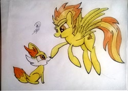 Size: 2065x1467 | Tagged: safe, artist:marewile, imported from derpibooru, spitfire, fennekin, crossover, pokémon, traditional art