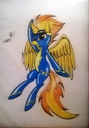 Size: 1618x2331 | Tagged: safe, artist:marewile, imported from derpibooru, spitfire, bedroom eyes, clothes, female, goggles, solo, traditional art, wonderbolts, wonderbolts uniform