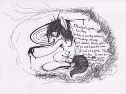 Size: 2057x1540 | Tagged: safe, artist:scribblepwn3, imported from derpibooru, oc, oc only, oc:suit twister, earth pony, pony, ink, insanity, limited palette, messy mane, pen drawing, solo, traditional art