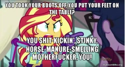 Size: 800x429 | Tagged: safe, edit, edited screencap, imported from derpibooru, screencap, sci-twi, sunset shimmer, twilight sparkle, equestria girls, friendship games, caption, casino (movie), image macro, joe pesci, meme, pointing, sunset yells at twilight, vulgar