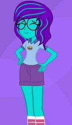 Size: 750x1302 | Tagged: safe, artist:aquaseasplash, imported from derpibooru, oc, oc only, oc:aqua splash, equestria girls, clothes, equestria girls-ified, eyes closed, glasses, round glasses, shorts, solo