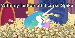 Size: 979x501 | Tagged: safe, imported from derpibooru, screencap, princess celestia, pony, 28 pranks later, big ol' pile o' scrolls, futurama, scrollestia meme, with my last breath i curse zoidberg