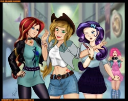 Size: 960x755 | Tagged: source needed, useless source url, safe, artist:aspirantedeartista, imported from derpibooru, applejack, pinkie pie, rarity, sunset shimmer, equestria girls, appleshimmer, belly button, canterlot high, clothes, denim skirt, dress, female, holding hands, lesbian, library, midriff, ot3, rarijack, shipping, skirt, smiling, sunsarijack