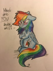 Size: 3264x2448 | Tagged: safe, artist:snowfoxythefox, imported from derpibooru, rainbow dash, angry, blushing, blushing profusely, chest fluff, colored, colored pencil drawing, colored sketch, crossed arms, cute, dashabetes, ears back, female, floppy ears, i'm not cute, pencil, pencil drawing, scrunchy face, solo, speech bubble, talking, talking to viewer, traditional art, tsunderainbow, tsundere