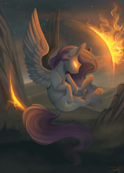 Size: 2500x3500 | Tagged: safe, artist:evehly, imported from derpibooru, princess celestia, cloven hooves, female, glowing eyes, magic, pink-mane celestia, solo, spread wings, unshorn fetlocks, younger