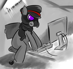 Size: 712x673 | Tagged: safe, anonymous artist, derpibooru exclusive, imported from derpibooru, oc, oc only, oc:the wastelander, 4chan, chair, computer, gas mask, hat, keyboard, romantically apocalyptic, story included, zee captain