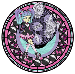 Size: 1280x1271 | Tagged: safe, artist:aqua-pony, imported from derpibooru, photo finish, pixel pizazz, violet blurr, equestria girls, clothes, crossover, disney, dive to the heart, glasses, group, headband, inkscape, kingdom hearts, modern art, nouveau, simple background, spikes, stained glass, the snapshots, transparent background, vector