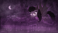 Size: 1920x1080 | Tagged: safe, artist:doctor-g, artist:jamey4, imported from derpibooru, octavia melody, bat pony, pony, bat ponified, batavia, crescent moon, female, glowing eyes, looking at you, music notes, necktie, night sky, race swap, solo, stars, wallpaper