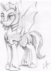 Size: 2342x3242 | Tagged: source needed, safe, artist:silfoe, imported from derpibooru, oc, oc only, oc:daturea eventide, bat pony, pony, armor, female, grayscale, guardsmare, mare, monochrome, night guard, royal guard, solo, traditional art, unshorn fetlocks