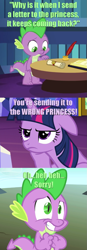 Size: 491x1403 | Tagged: safe, imported from derpibooru, screencap, spike, twilight sparkle, alicorn, pony, 28 pranks later, letter, oops, princess, screencap comic, twilight sparkle (alicorn), wrong