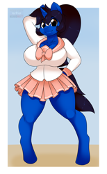 Size: 1020x1657 | Tagged: safe, artist:kloudmutt, imported from derpibooru, oc, oc only, oc:klodette, anthro, unguligrade anthro, unicorn, big breasts, breasts, clothes, female, looking at you, school uniform, schoolgirl, smiling, solo