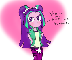 Size: 1004x846 | Tagged: safe, artist:mildockart, imported from derpibooru, aria blaze, equestria girls, belt, blushing, clothes, cute, dialogue, female, hands behind back, long hair, looking at you, pants, smiling, solo, text, when she smiles