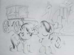 Size: 4032x3022 | Tagged: safe, artist:theasce, imported from derpibooru, rarity, sweetie belle, the cart before the ponies, cutie mark, eyes closed, filly, monochrome, raised hoof, sisters, the cmc's cutie marks, traditional art, younger